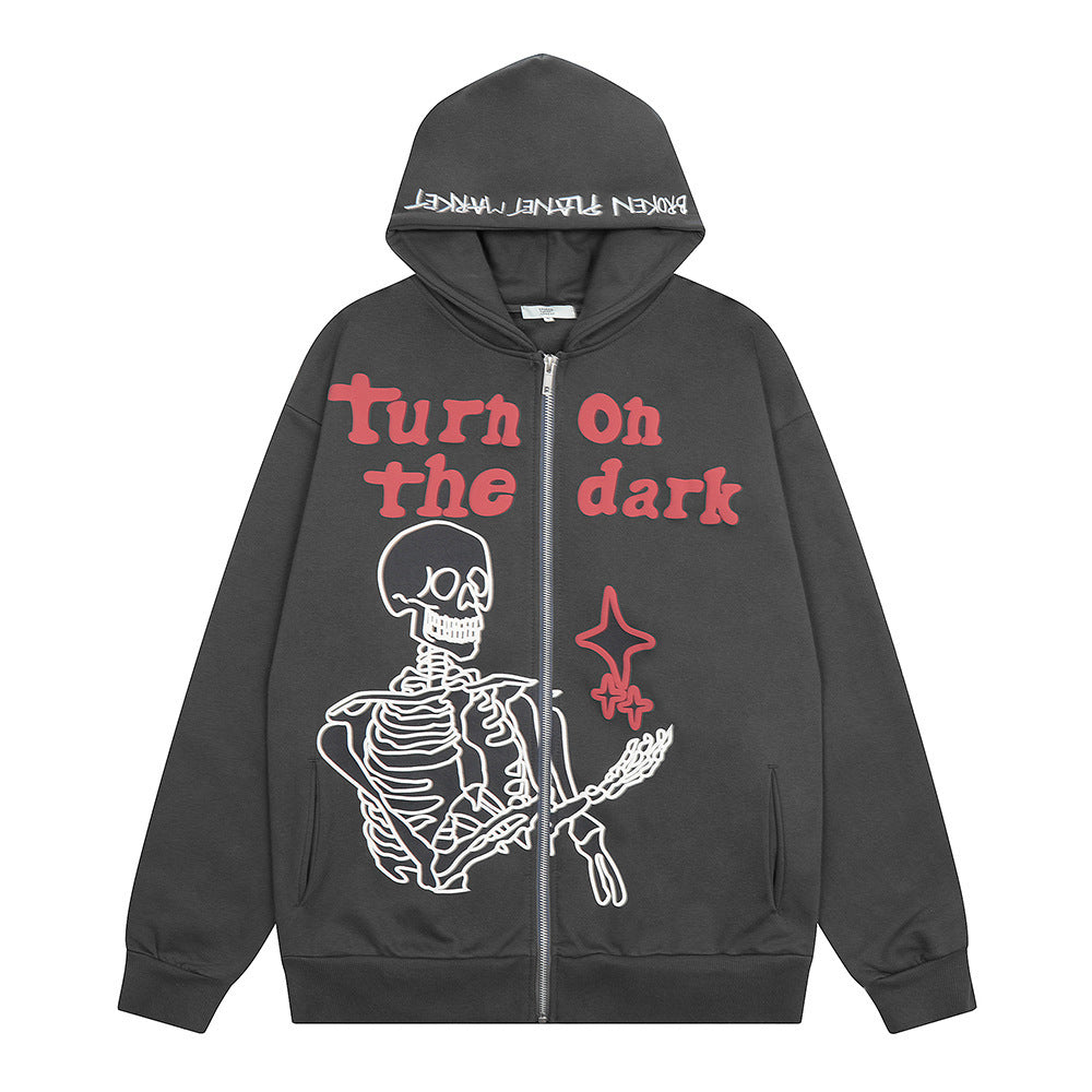 Skull Print Hooded Cardigan Sweater Boys