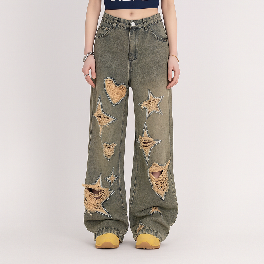 Retro Tattered Jeans Pants Love Wide Leg Jeans