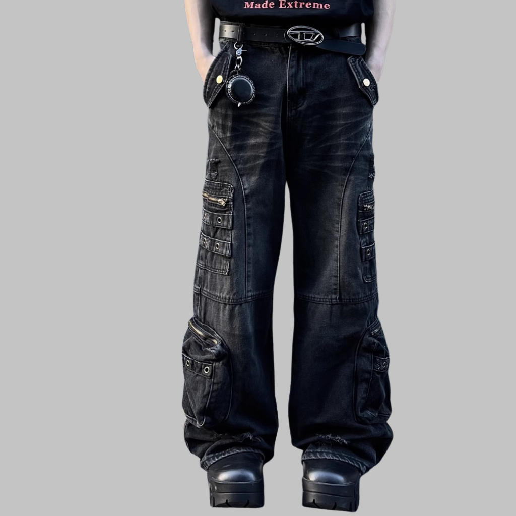 Retro Tattered Jeans Big Pocket Jeans Loose-fitting Wide-leg Trousers
